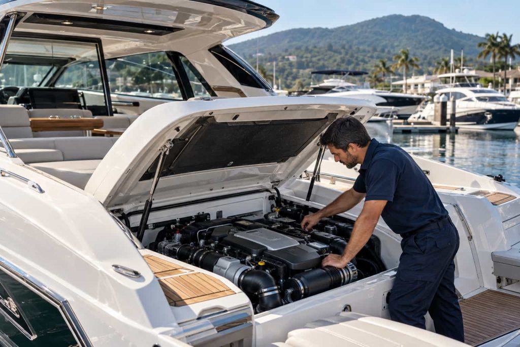 Homem realizando manutenção de barco em marina.