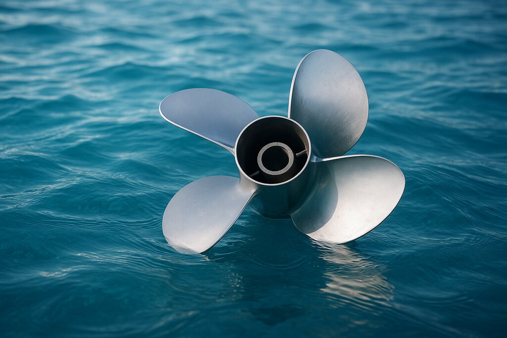 Hélice de barco de alumínio com quatro pás flutua em água azul cristalina, com reflexos realistas e textura metálica detalhada, ilustrando o design e a eficiência do sistema de propulsão de uma lancha.