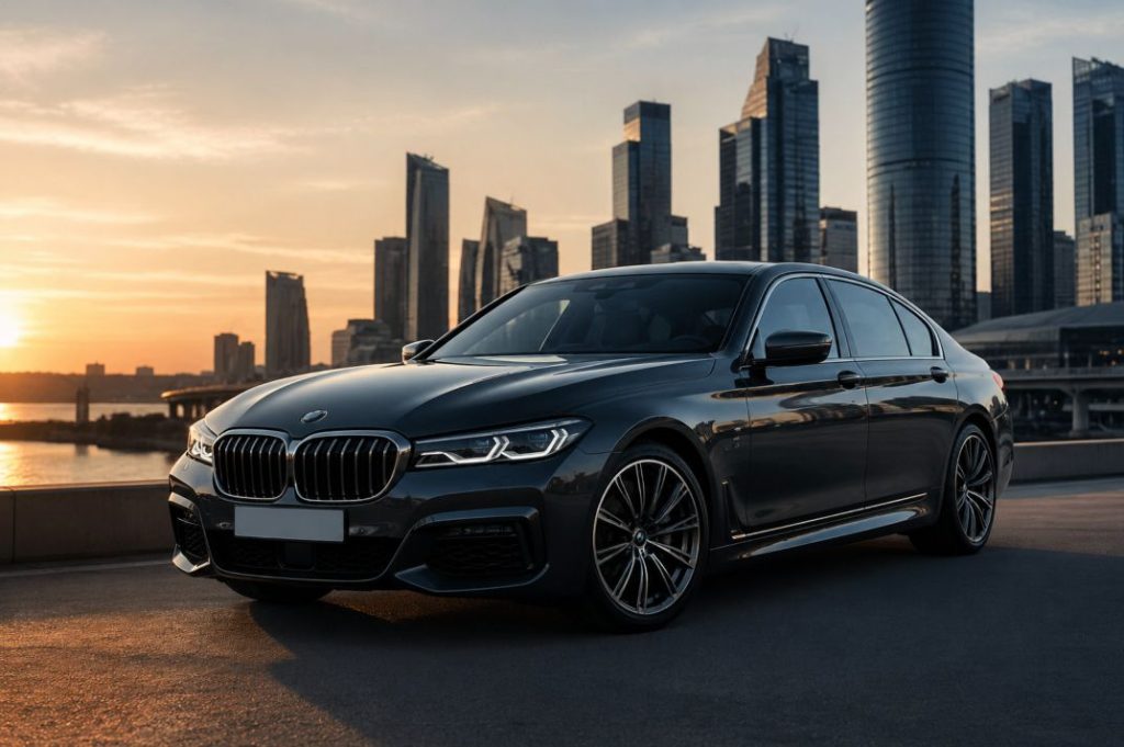 Carro premium estacionado com diversos arranha-céus ao fundo.