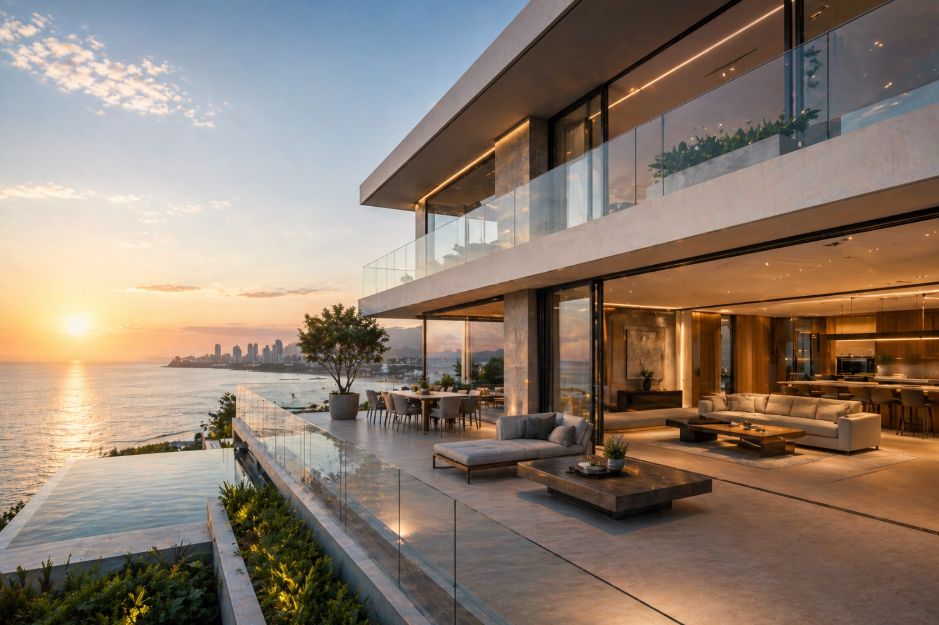 Casa luxuosa à beira-mar, exemplificando imóveis de alto padrão.