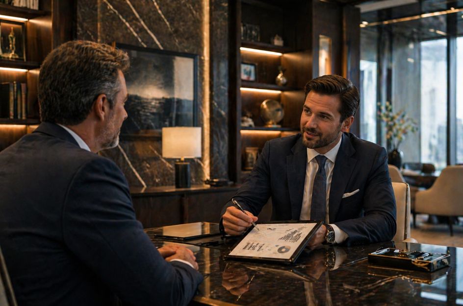 Dois homens elegantes em sala luxuosa de banco, realizando reunião de private banking.
